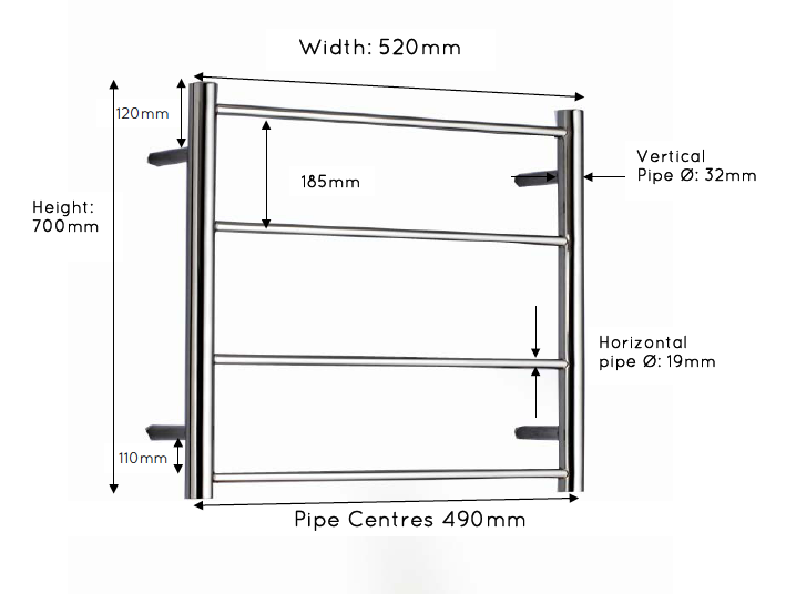 Heated Black Towel Rails - Small ladder radiator 700mm x 520mm